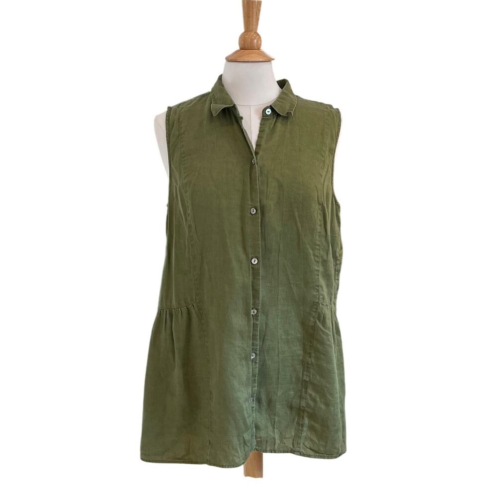 J. Jill Love Linen Olive Green Sleeveless Button Down Shirt, Minimalist, L Tall
